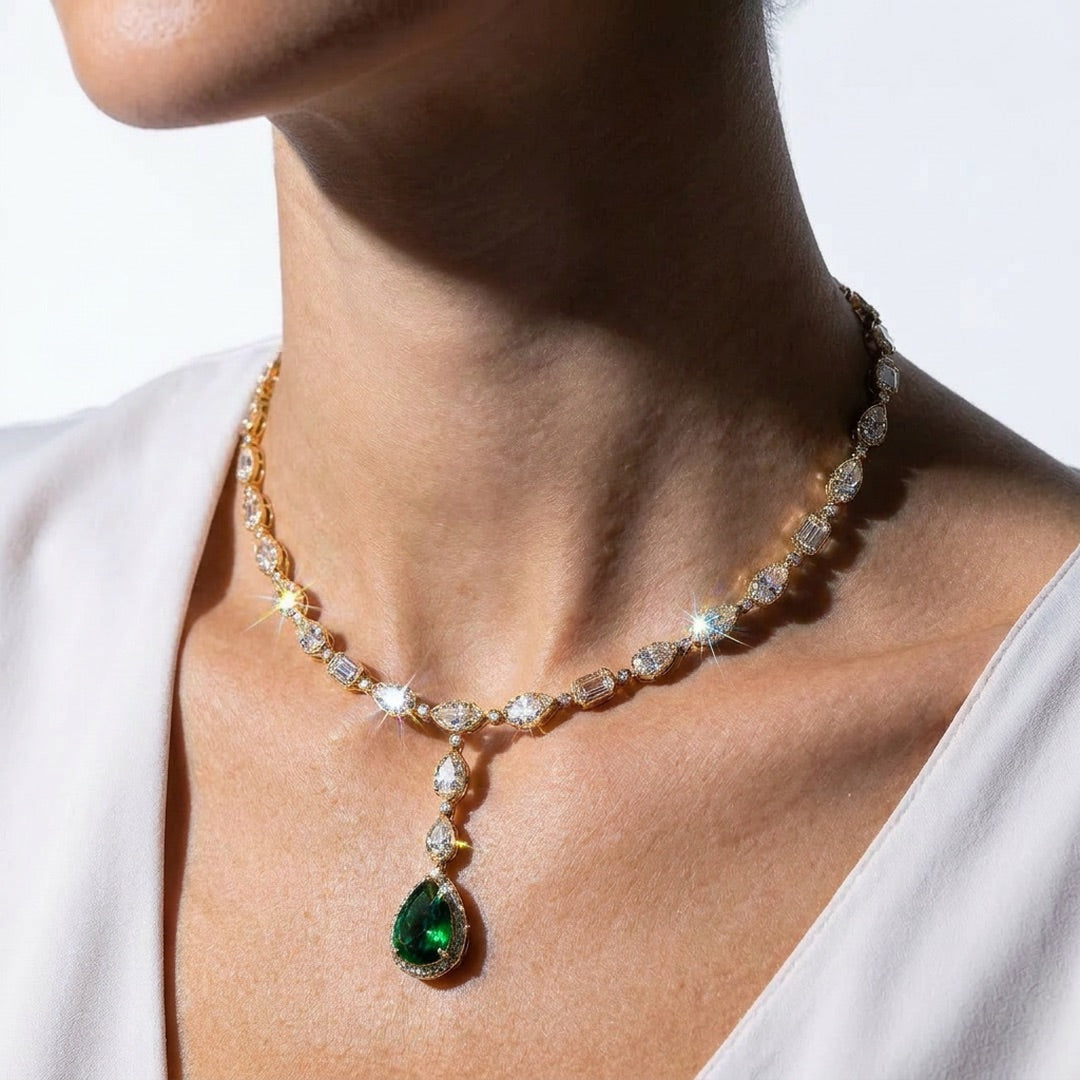 Emerald Drop Diamond Y Necklace in Gold