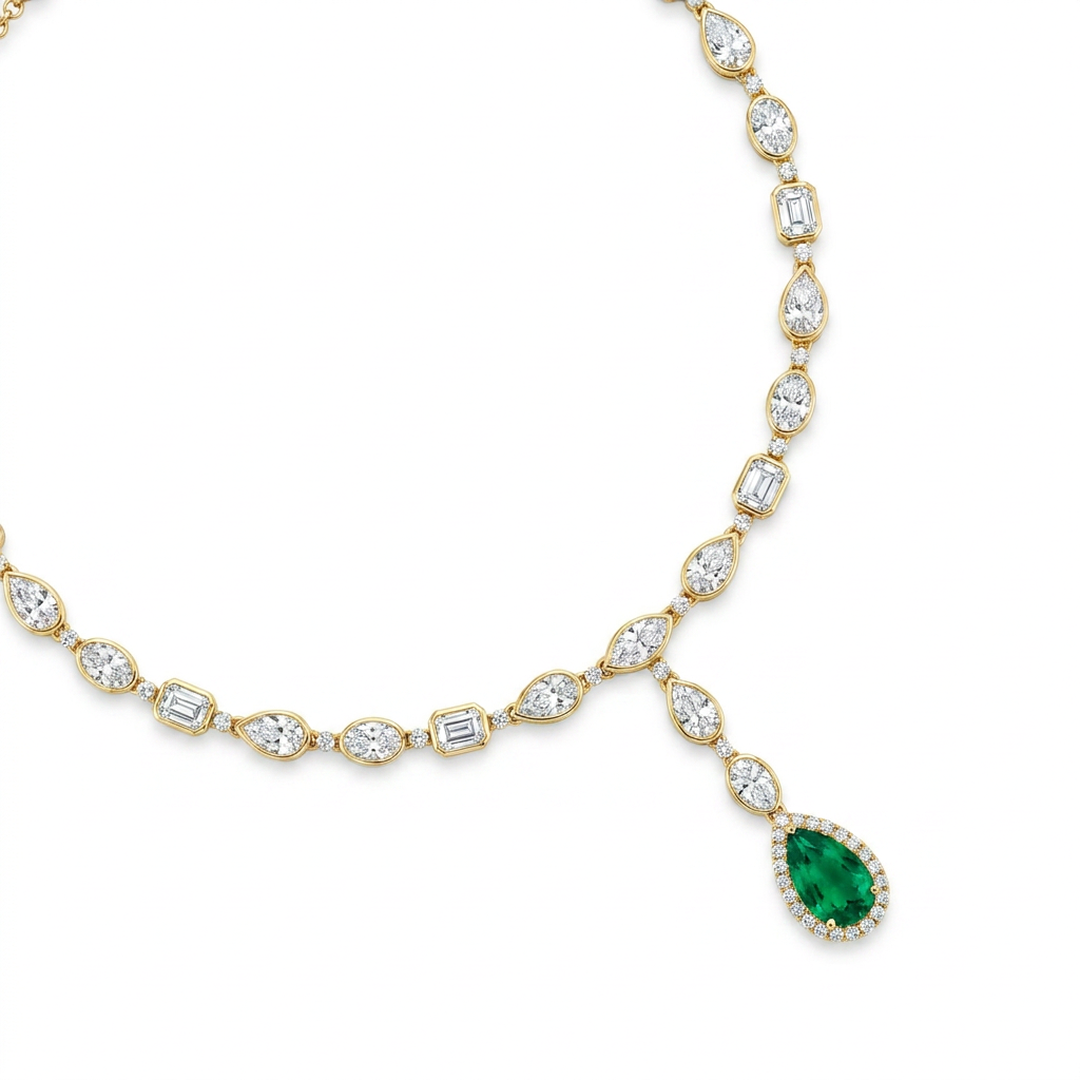 Emerald Drop Diamond Y Necklace in Gold